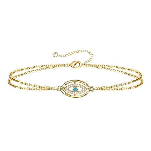 18K Gold Plated Women's Evil Eye Bracelet with Center Faux Stone Waterproof - Picture 1 of 11
